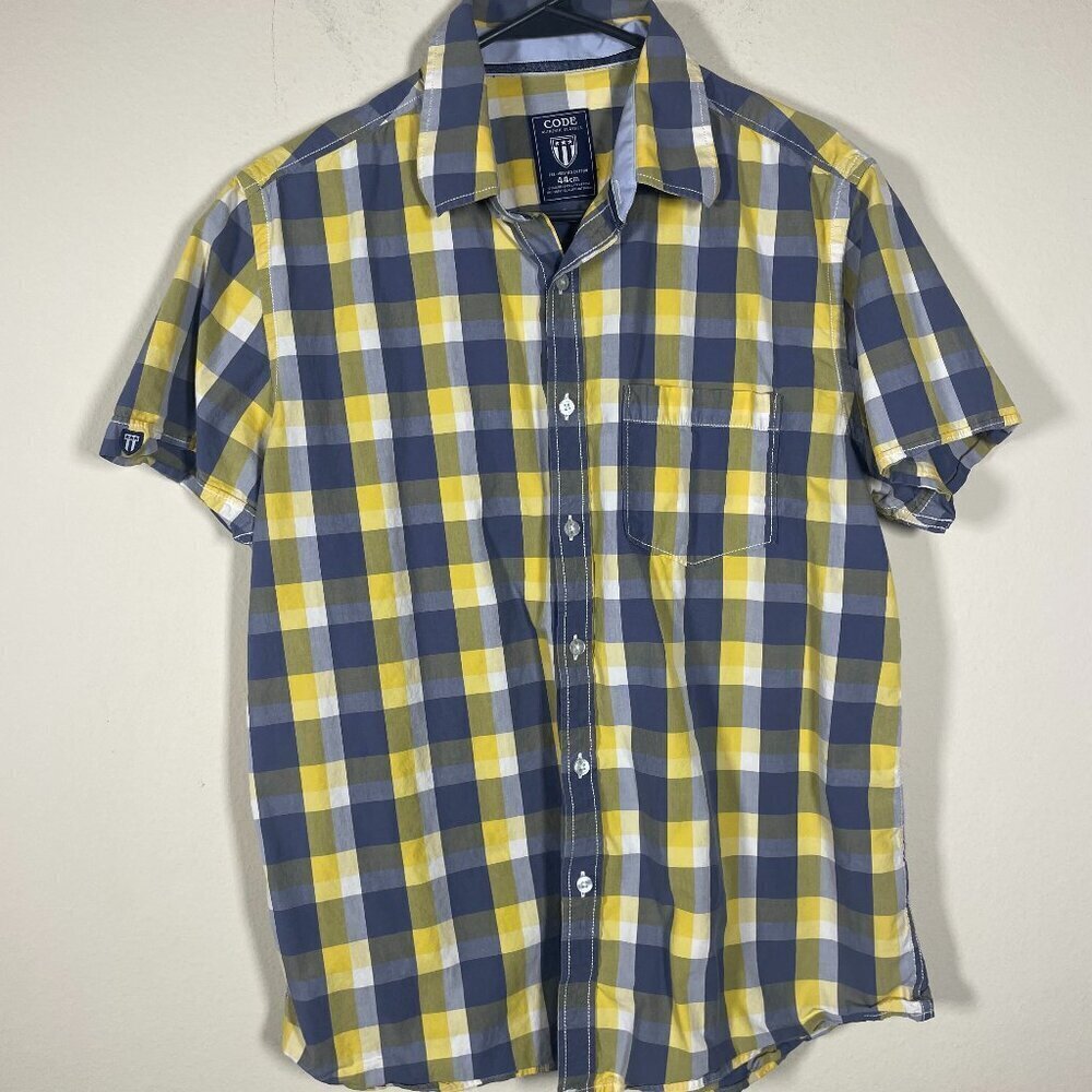 Code Men's Short Sleeve Yellow Gray Plaid BU Shirt Medium/44Cm Cotton!